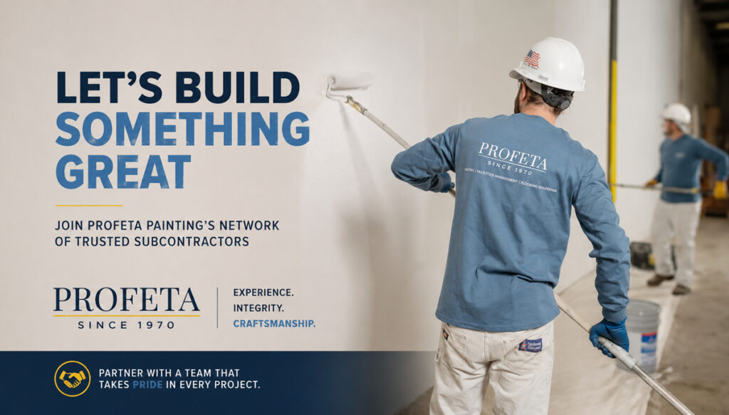 Professional painters from Profeta Painting applying commercial wall coatings as part of a subcontractor recruitment campaign.