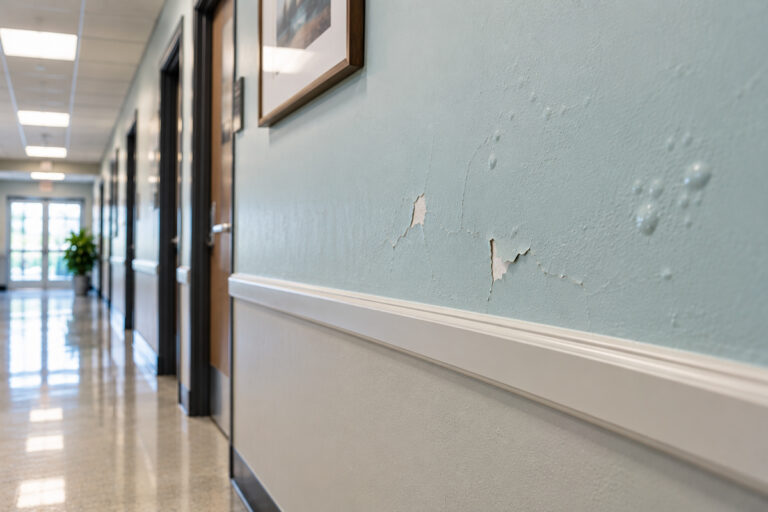 Peeling, cracking and bubbling paint on a commercial building hallway wall showing signs of coating failure