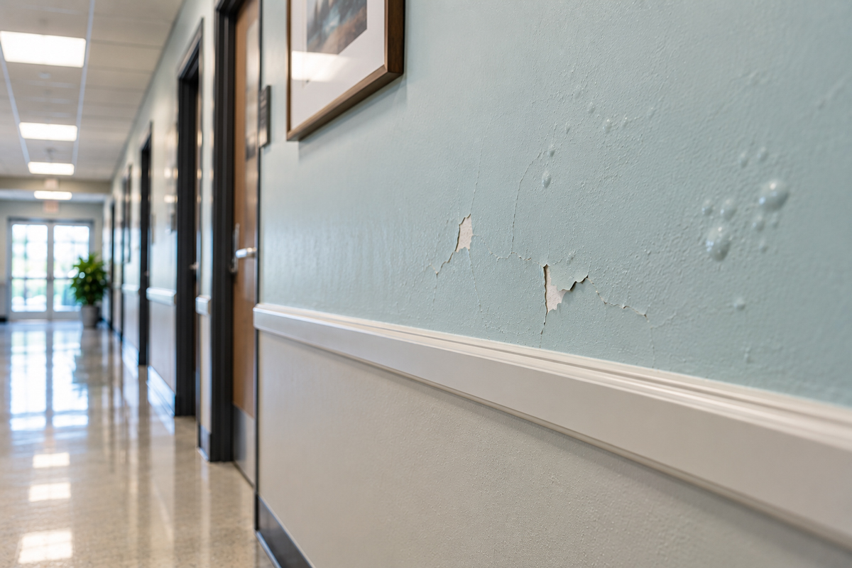 Peeling, cracking and bubbling paint on a commercial building hallway wall showing signs of coating failure