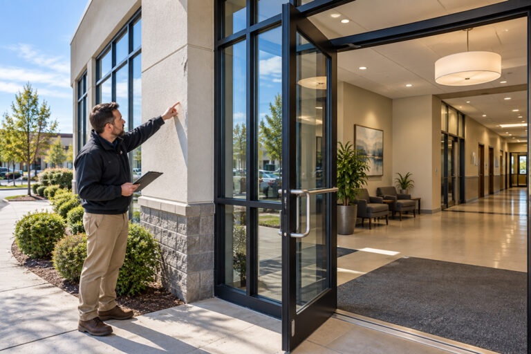 Facility manager inspecting the exterior of a commercial building with a painted office lobby visible inside