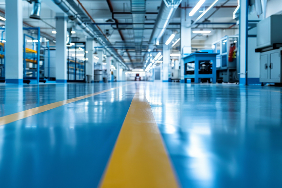 Warehouse floor with yellow safety striping and epoxy coating for improved workplace safety