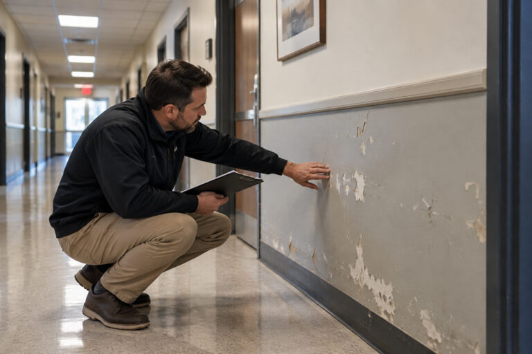 Facility manager inspecting peeling paint in a commercial building hallway to determine when repainting is needed